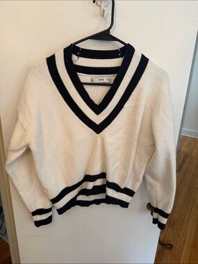 Mango Cream V-Neck Sweater with Navy Contrast Trim